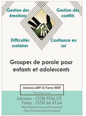 Affiche de présentation des groupes thérapeutiques mis en place par Johanna ARFI et Fanny BERT, psychologues à Lyon.